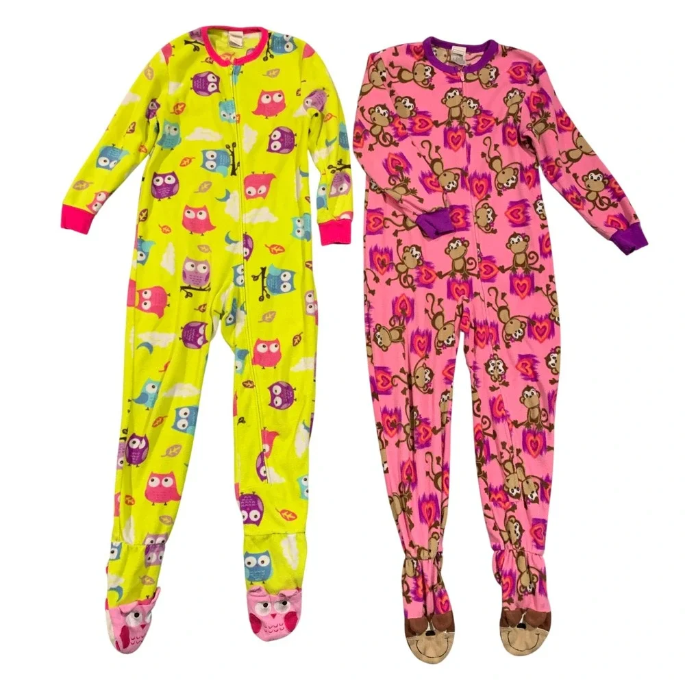 Circo Girls Footed Pajamas 2-Pack Size S 6/6x Fleece Owls Monkeys Bright Colors‎
